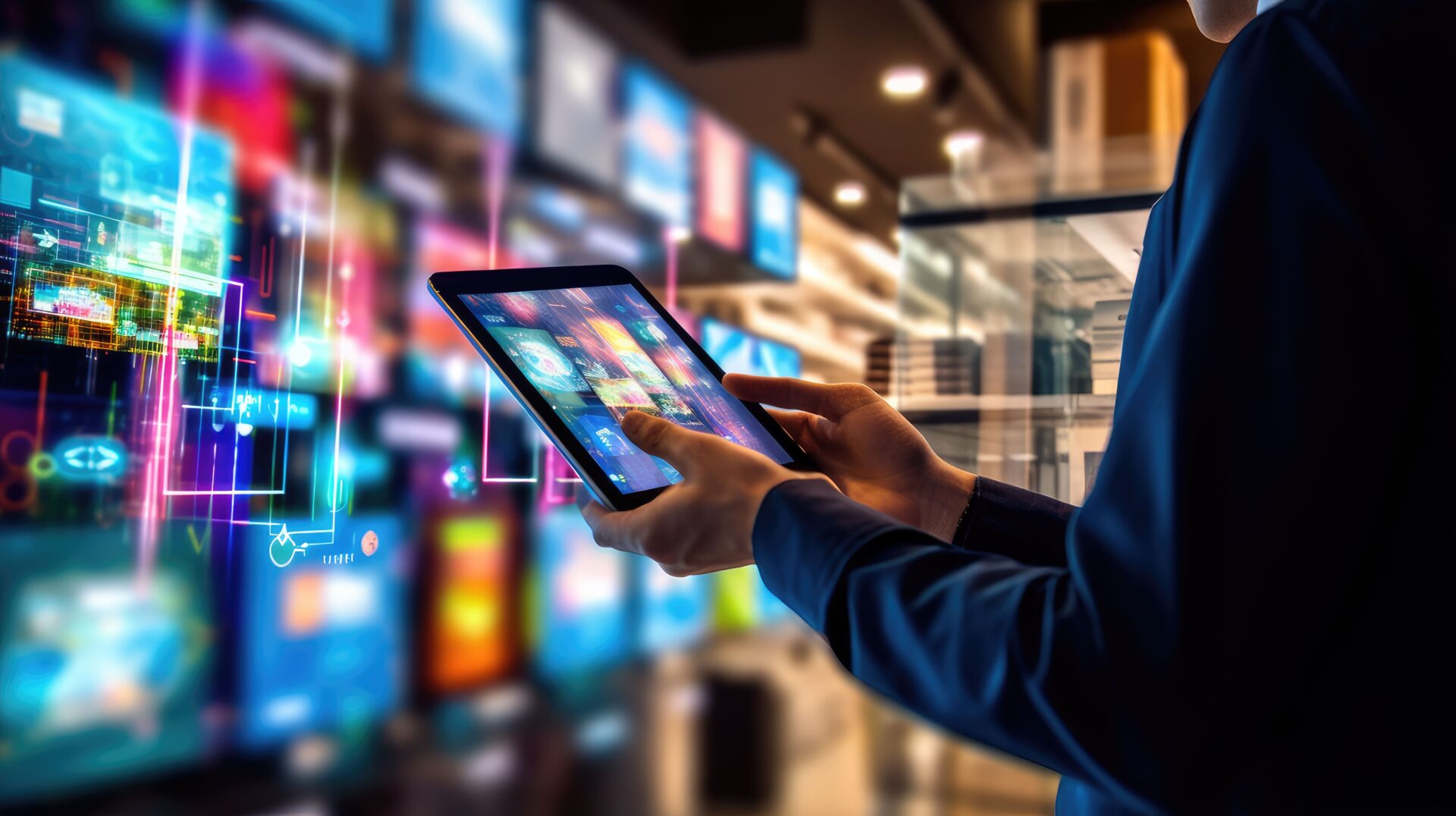 A person holding an ipad in front of a wall with many screens.